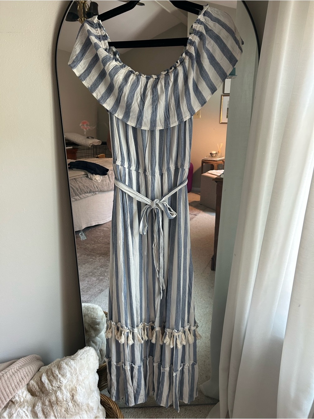Altar’d State Striped Off-Shoulder Maxi Dress in Blue and White